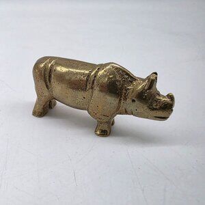Solid Brass Mini Rhino Figurine Paperweight Home Decor Collectible Vintage 2.5"